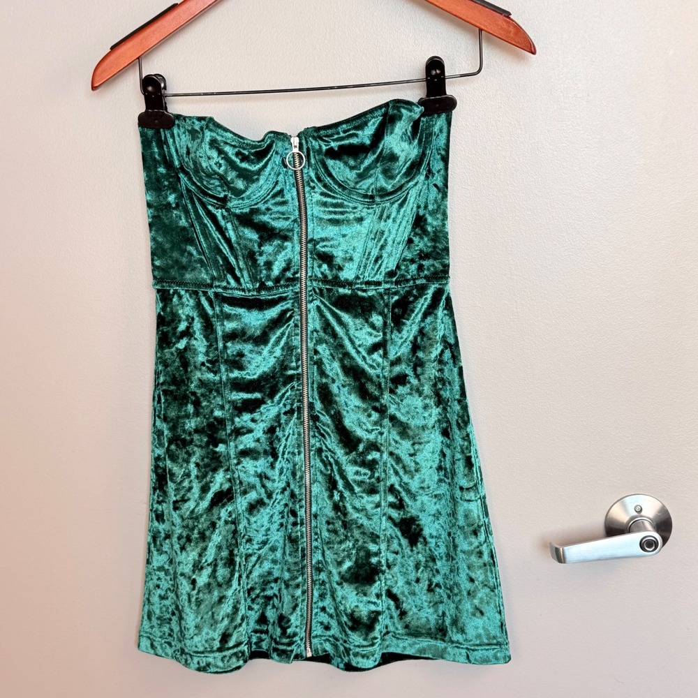 Urban Outfitters Green Crushed Velvet Corset Mini Dress Zipper Front‎ Y2K Size S - Picture 3 of 14